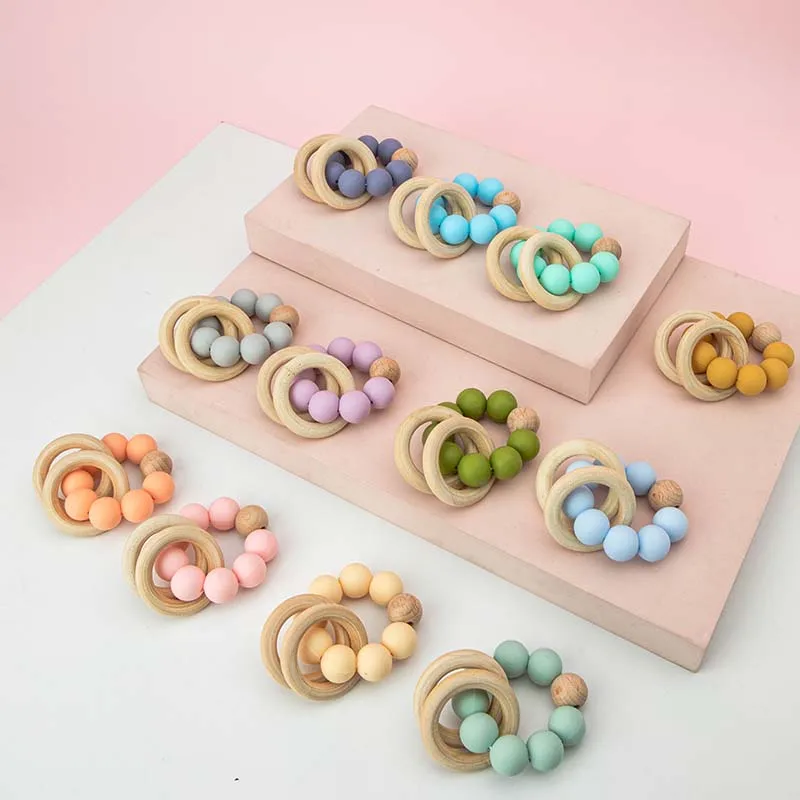 Mumlove Wholesale Wooden Baby Teething Toy Soft Bpa Free Food Grade Wooden Ring Silicone Beads Baby Teether