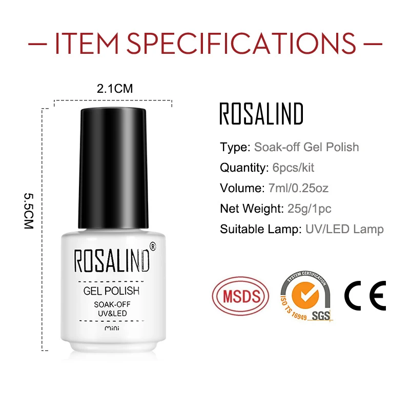 Rosalind товары для ногтей оптом 6 шт./лот 7 мл белая бутылка Цветной Гель-лак набор отмачиваемый oem УФ светодиодный Гель-лак для ногтей для дизайна ногтей