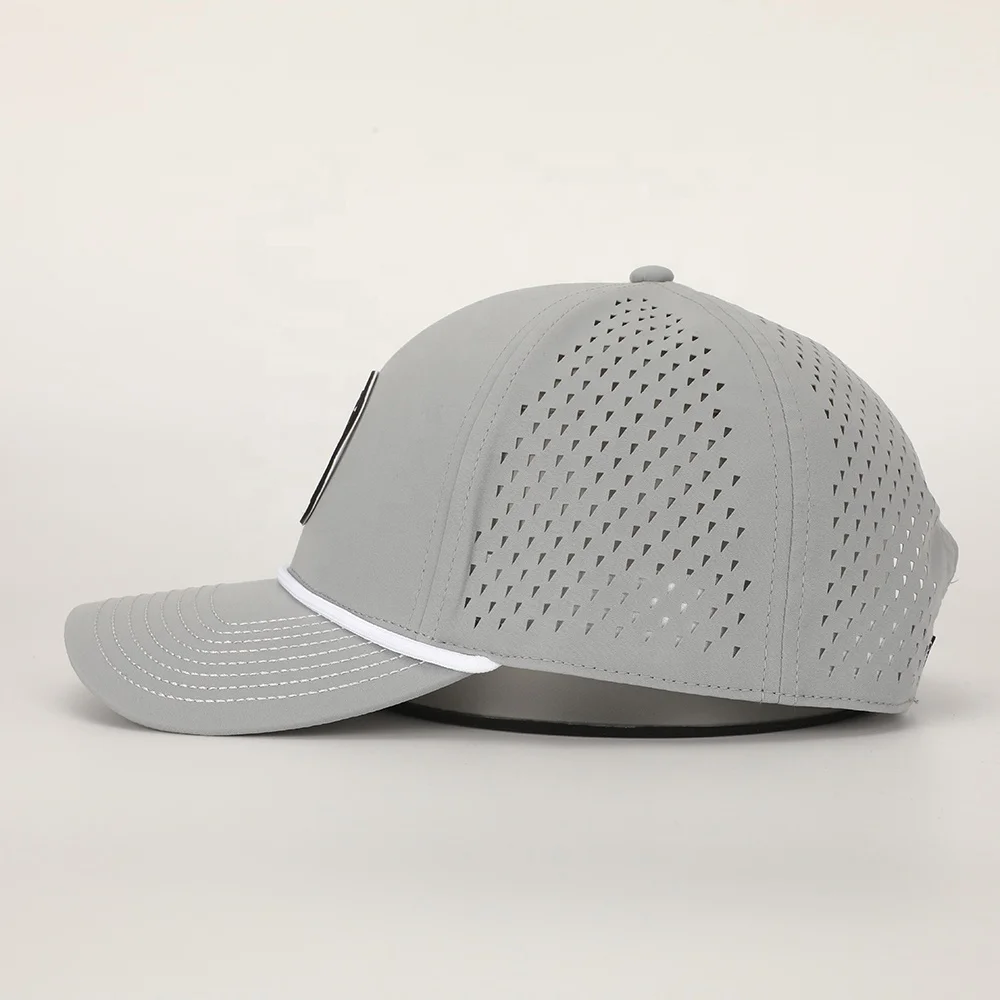Wholesale Custom PVC Logo 6 Panel Grey Polyester Performance Sport Dad Hat Laser Cut Hole Golf Gorras Rope Baseball Cap