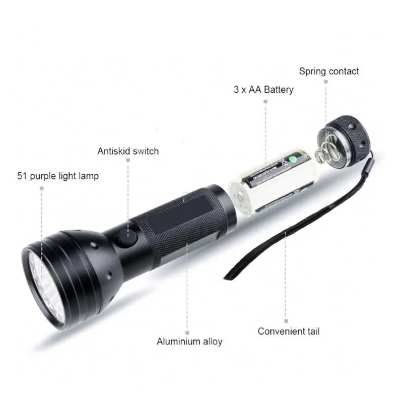 Aluminium Alloy 51Led Purple Flashlight 395UV Flashlight Lamp With Battery Torch Light For Pet Urine Fluorescence