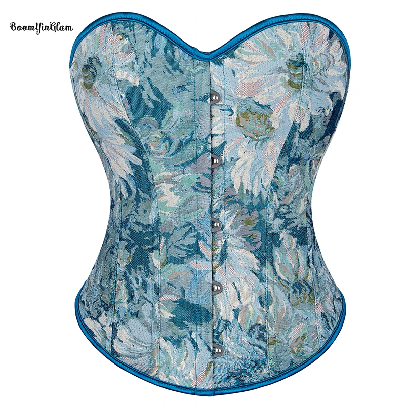 Women Lace Retro Corset Bustier Vintage Floral Print Crop Lingerie Bodyshaper Embroidery Overbust Corset Top Light Blue