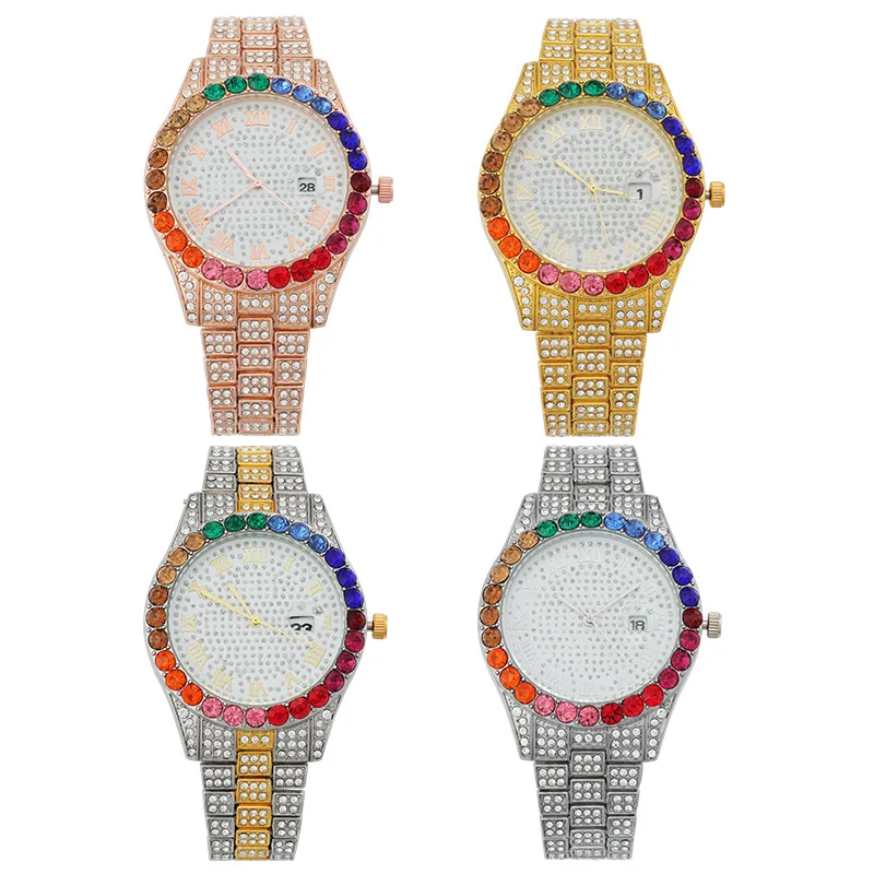 Gold Iced Out Men Watches Rainbow Diamond Quartz Luminous Watch Man Luxury Classic Unique Wristwatch