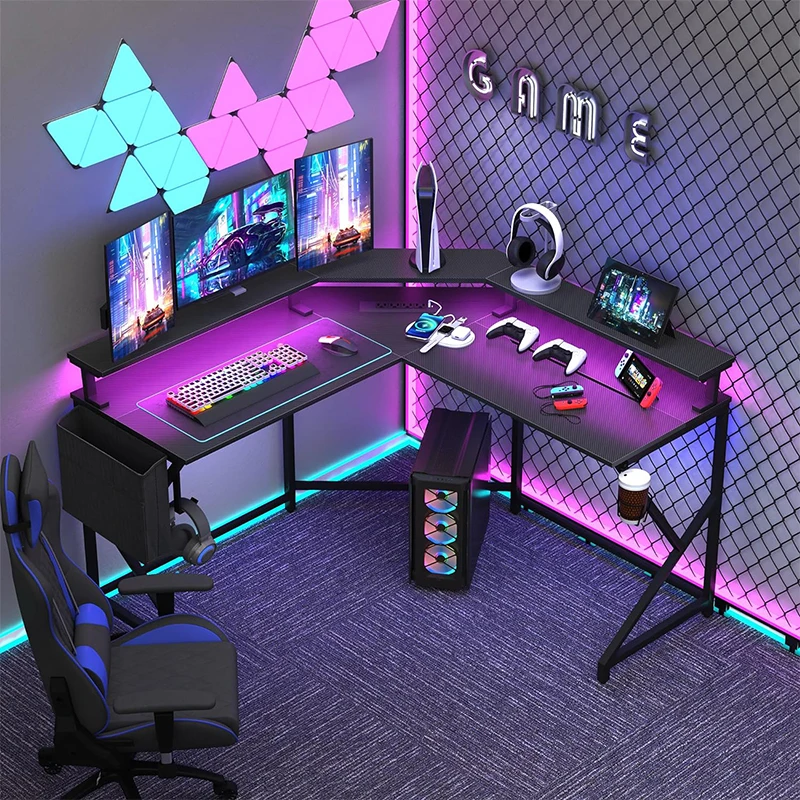 L Shaped Large Desktop Black Gaming Desk with LED Lights & Power Outlets pc gamer gaming table for home office