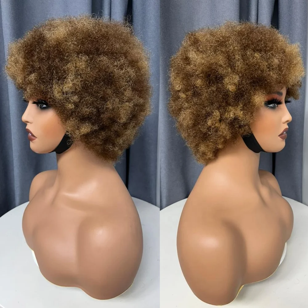 Wholesale Afro Kinky Curly Brazilian Human Hair Wig With Bangs,Machine Made Short Pixie Puff Fluffy Hair Wigs For Black Women