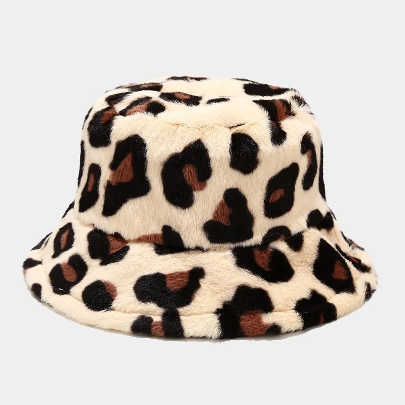 Wholesale Custom Women Colorful Leopard Printed Pattern Design Winter Thick Furry Plush Fisherman Bucket Hat Caps