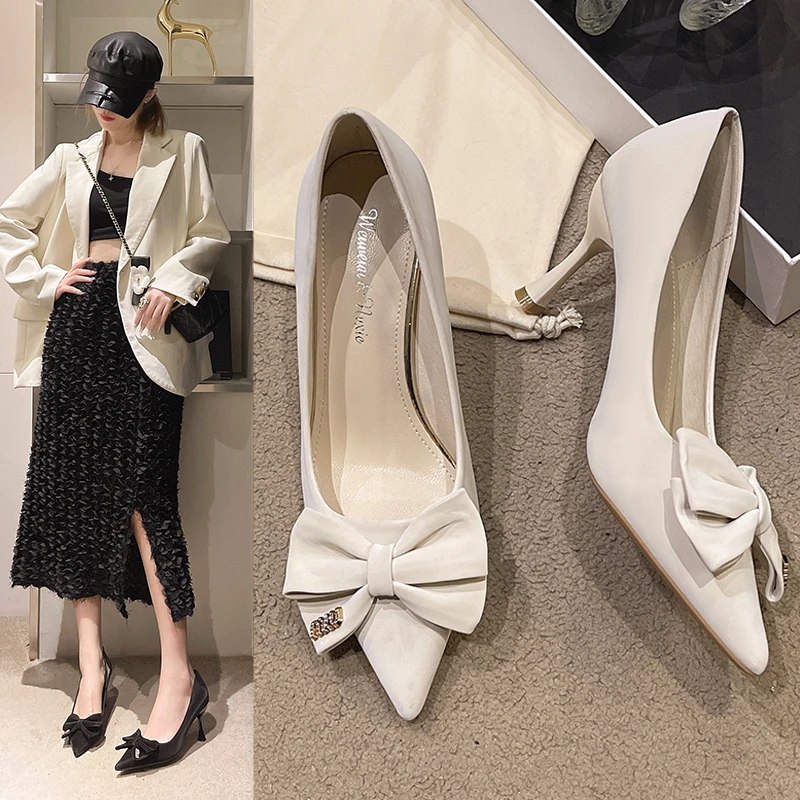 Classical Pointed Toe Comfortable Fashion New Women Shoes Versatile Retro Design Sense Leather High Heels