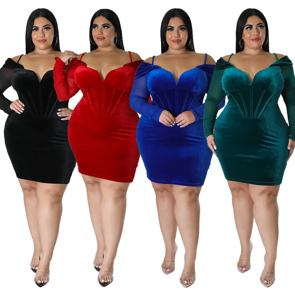 trendy womens fall winter 2023 fashion Sexy V-neck bag hip plus size skirt see through long sleeved velvet fabric dress