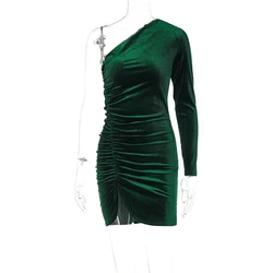 Vintage Elegant Green Velvet Dress Single Sleeve Slim Fit Pleated Wrapped Hip Dress for Women