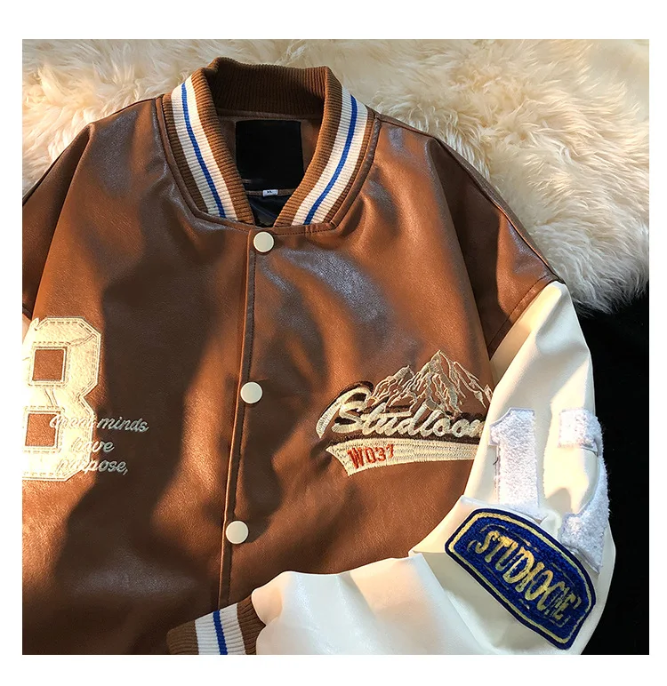 Cheap Custom Color Matching Baseball Jacket High Quality American Retro Pu Leather Embroidery Letterman Varsity Jacket