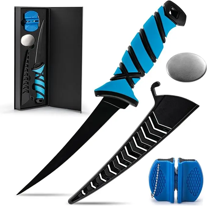 Fishing Comfort Fillet Knife 5CR15Mov Stainless Steel Blade with Black Coating, PP+TPR Handle with Hole