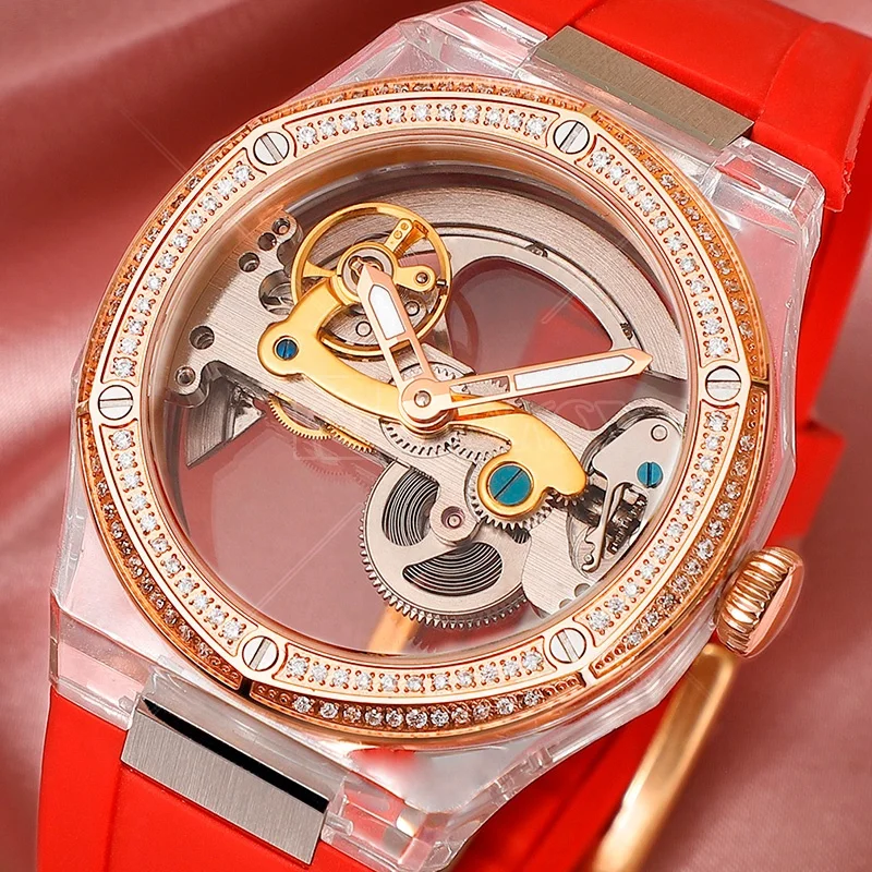 Bling Female Transparent Red Rubber Silicone Hand Square Wrist Luxury Automatic Mechanical Lady Watch Women