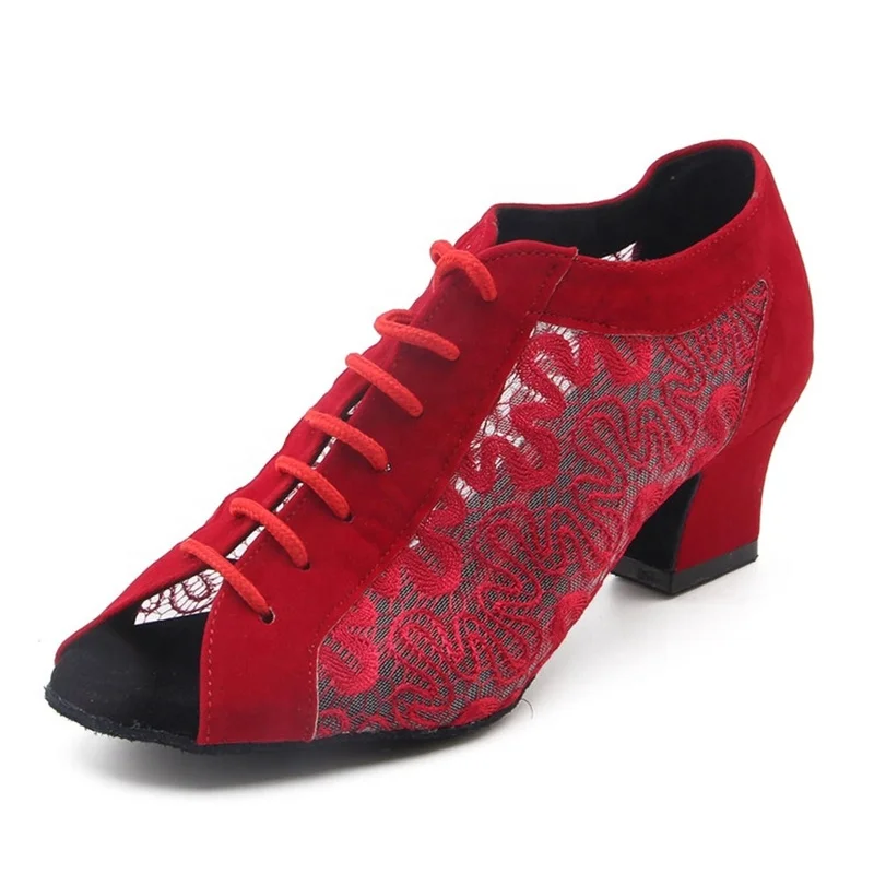 Red Color Women Ballroom Dance Shoes 4.5cm Heel Dragon Lace Suede Sole Teacher Student Practice Latin Salsa