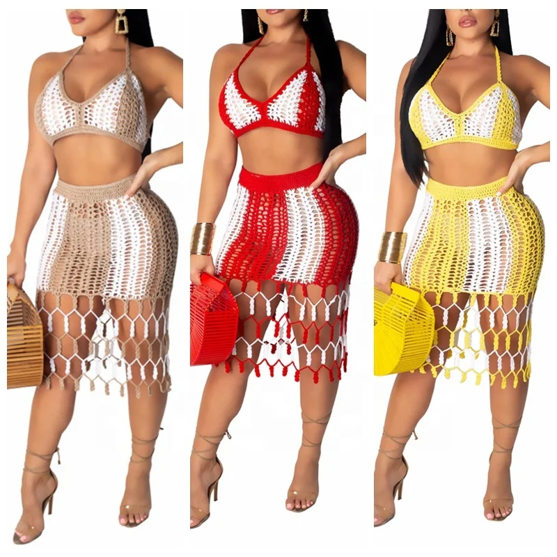 Custom Crochet Set Beachwear Dresses Women Beach Two Pieces Cover Ups