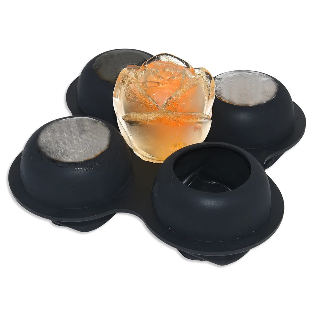 BHD Upgraded Reusable BPA Free Extra Large 3D Silicone Rose Shaped Ice Cube Mold with Lid Flexible 4 Cavity Rose Ice Cube Tray