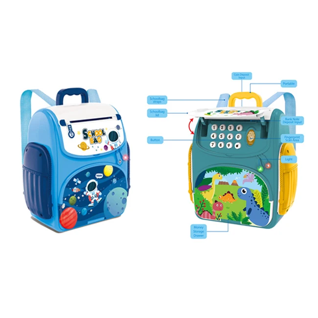 Children money safe backpack toy set cartoon automatic money roll machine educational toys fun savings bank with music and light