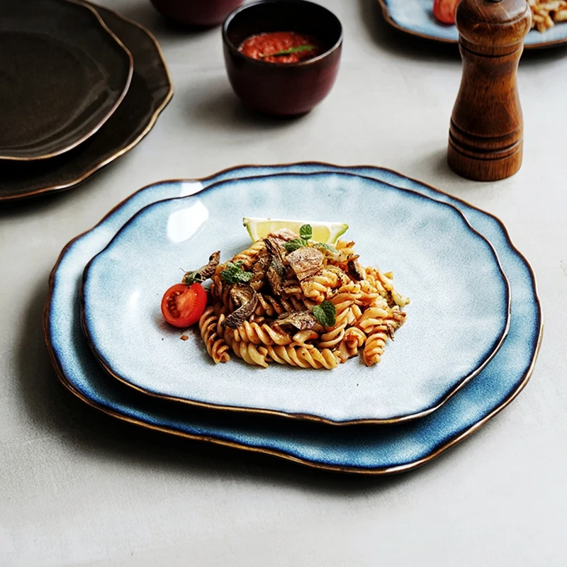 Handmade Ceramic Dinner Plate Rustic Glazed Cold Dishes Fruit Salad Sushi Pasta Food Serving Tray Irregular Restaurant Tableware