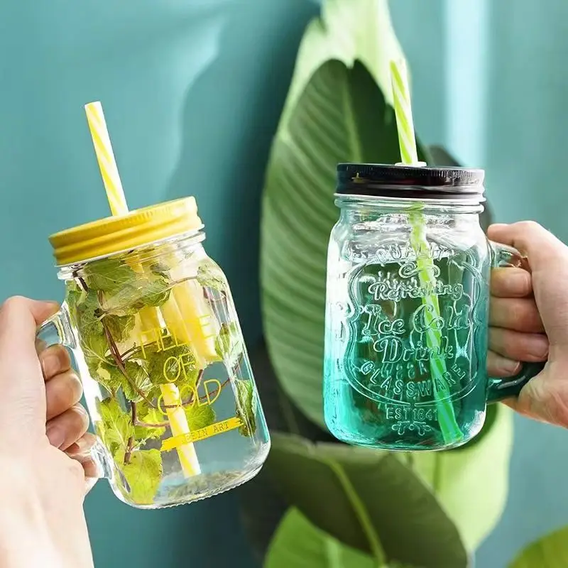 DD1843 16 oz Clear Drinking Glasses Cups with Handles Lid Straw for Iced Coffee Tea & Smoothies for Parties Glass Mason Jars