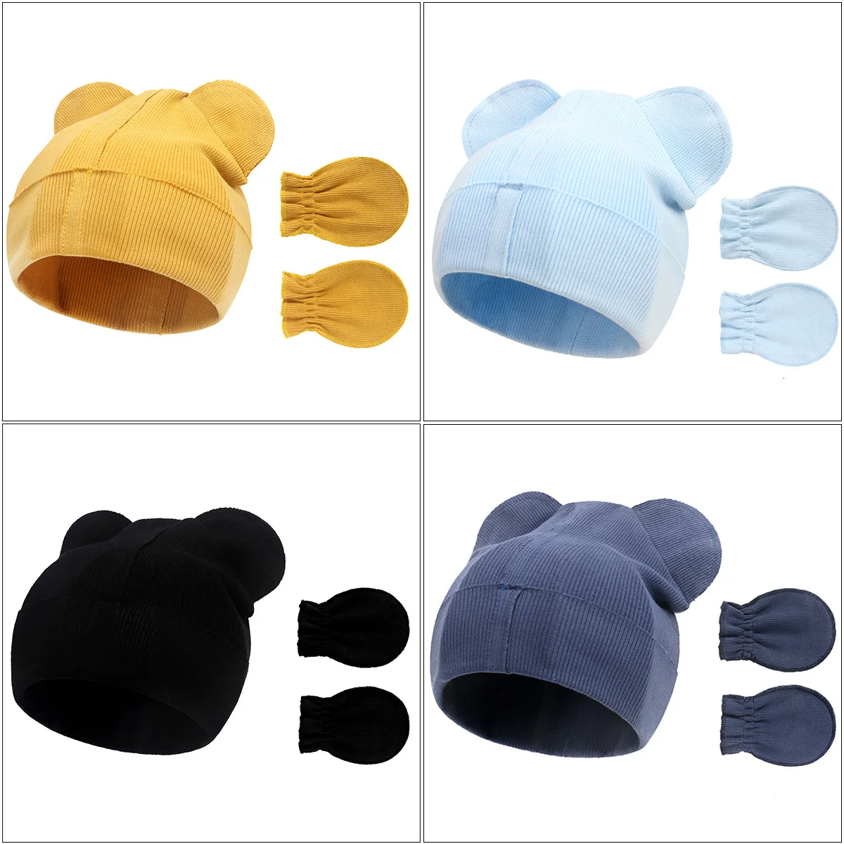 Newborn baby ribbed cotton glove hat set bear shaped infant hats for boys
