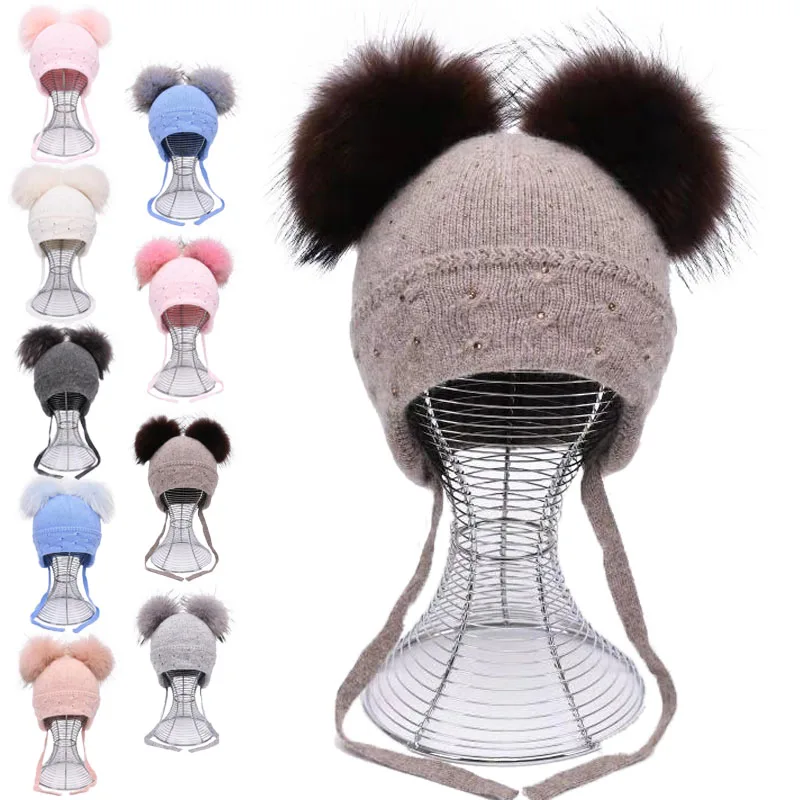 Children Wholesale Winter Knitted Real Raccoon Fur Hat Customize Cashmere Kids Winter Beanie With Pompom