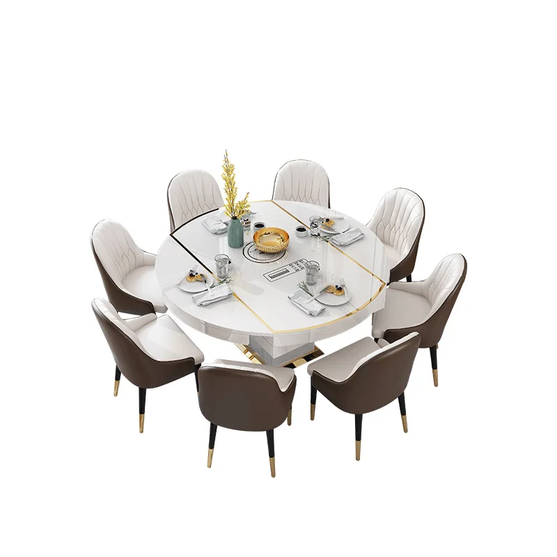 Современный легкий роскошный обеденный стол и стул комбинированный выдвижной складной круглый из закаленного стекла с индукционной