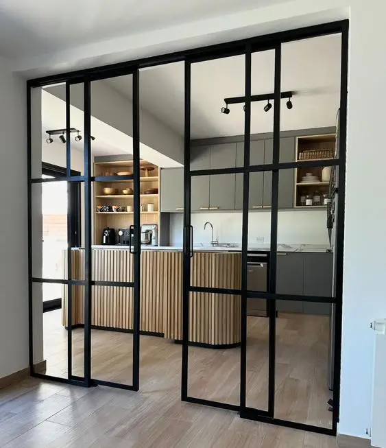 Chinese TOMA ISO Aluminum metal frame black glass door sliding folding and swing door with dividers