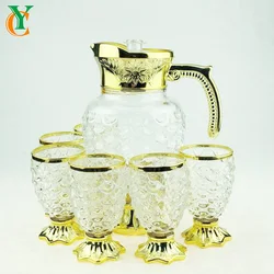 1.6L clear glass round water jar and 150ml glass cup set electroplate gold colour drinkware home bar dinning glassware