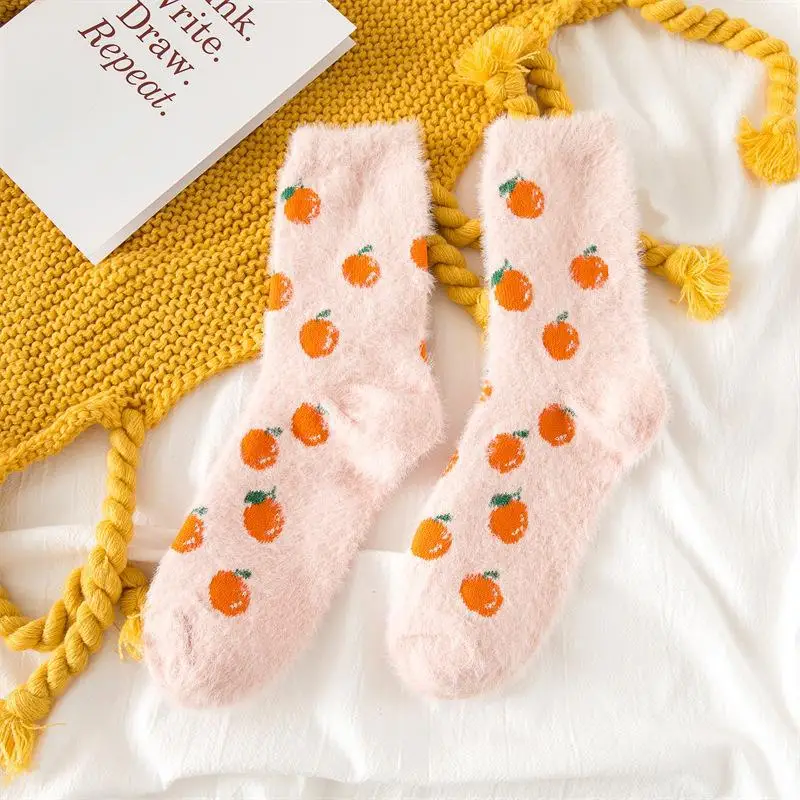 Winter Fancy Thick Warm Thermal Velvet Mink Fleece Fluffy Fuzzy Soft Cozy Women Socks Lovely Fruits Avocado Women Socks