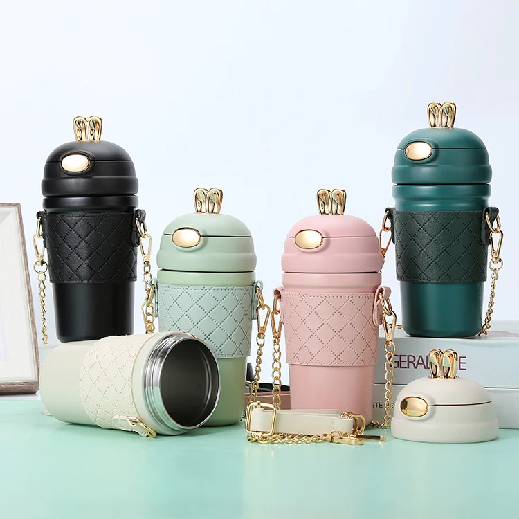 Seaygift New Bunny rabbit ear portable shoulder strap thermal insulated cups stainless steel vacuum flask thermos water bottle
