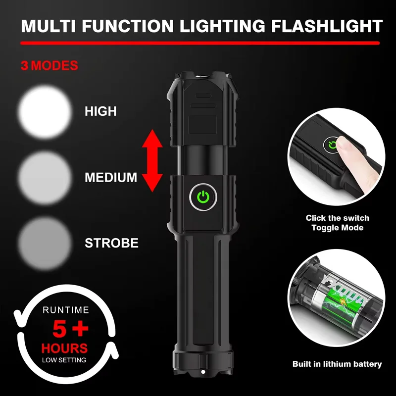 Outdoor ABS Strong Flashlight Functional Zoom Ultra Bright Flashlight Torches Flashlight Rechargeable for Camp
