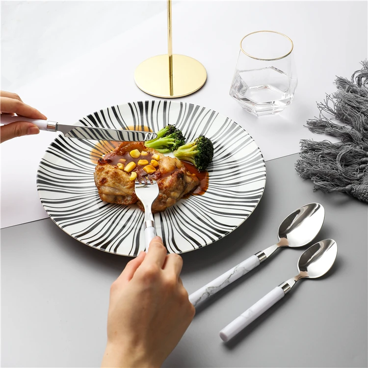 Hot sale restaurant hotel used 4 pcs stainless steel dinner fork spoon knife marble design plastic handle cutlery set