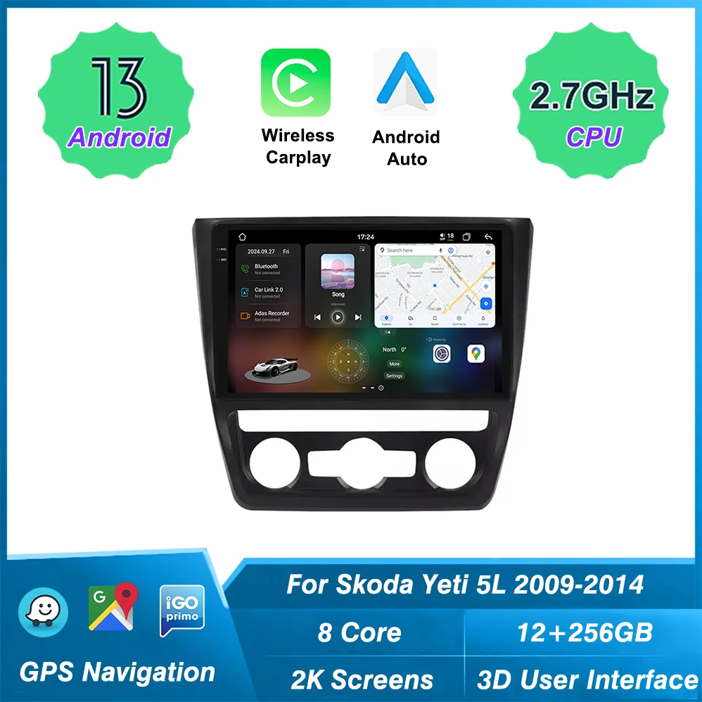 UIS 7870 android auto radio For Skoda Yeti 5L 2009-2014 GPS Navigation Carplay Bluetooth QLED 2K Screen Multimedia stereo