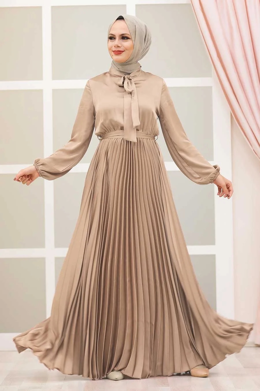 Latest Abaya Designs Elegant Plain High-waisted Slim-fit Accordion Pleated Skirt With Tie Design Maxi Women Muslim Dress