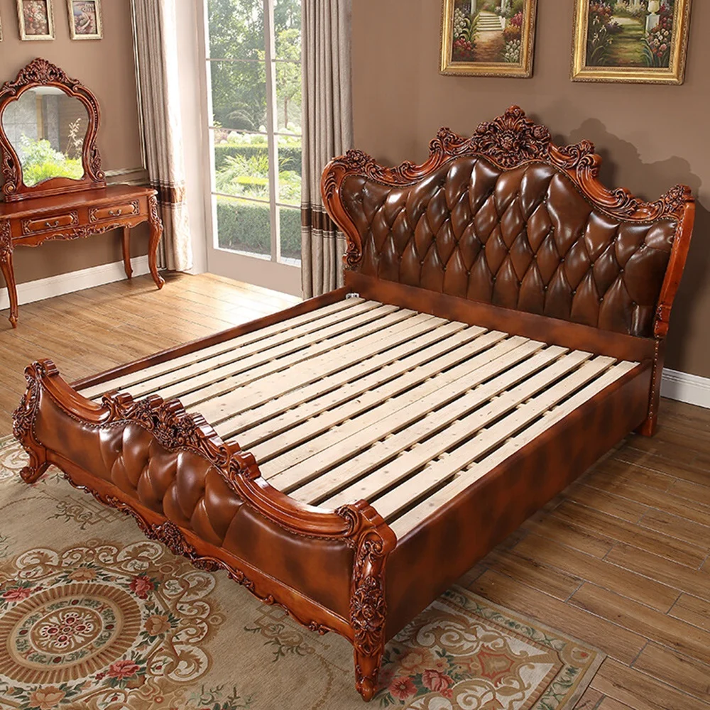 Royal Wooden King Size Bed Luxury Villa Family Hotel Furniture Princess Bed Double Bed