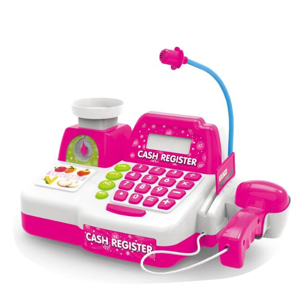 Role Play Cash Register Toy Pretend Shopping Role Play Supermarket Pink Toy with Calculator Scanner Mic for Girls Boys Kids