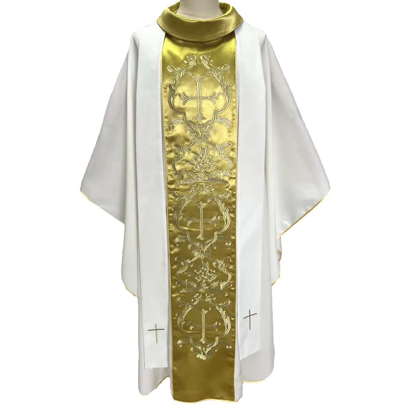 new arrival white matt polyester with Gold embroidery Father Priest Chasuble with stole