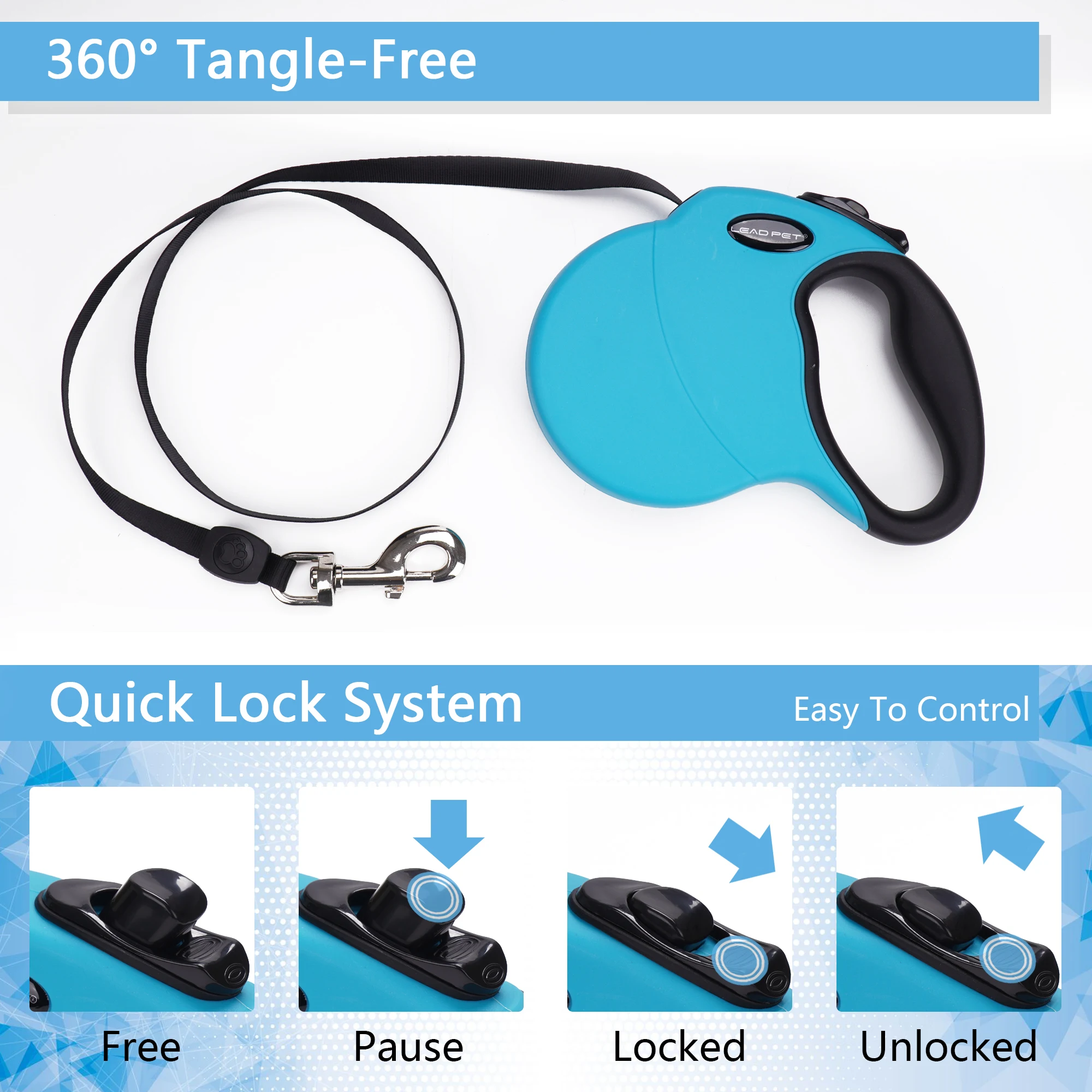 LEAD PET 16FT Dog Walking Leash with Chew Proof Cable, for Dog ups to 100lbs, Ergonomic Handle,One Button Break & Lock