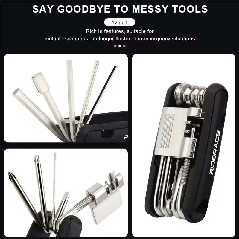 RIDERACE Portable Bike Repair Tool 12 in 1 Chain Splitter Cutter Hex Spoke Wrench Screwdriver Multitool for Bicycle Multi Tools