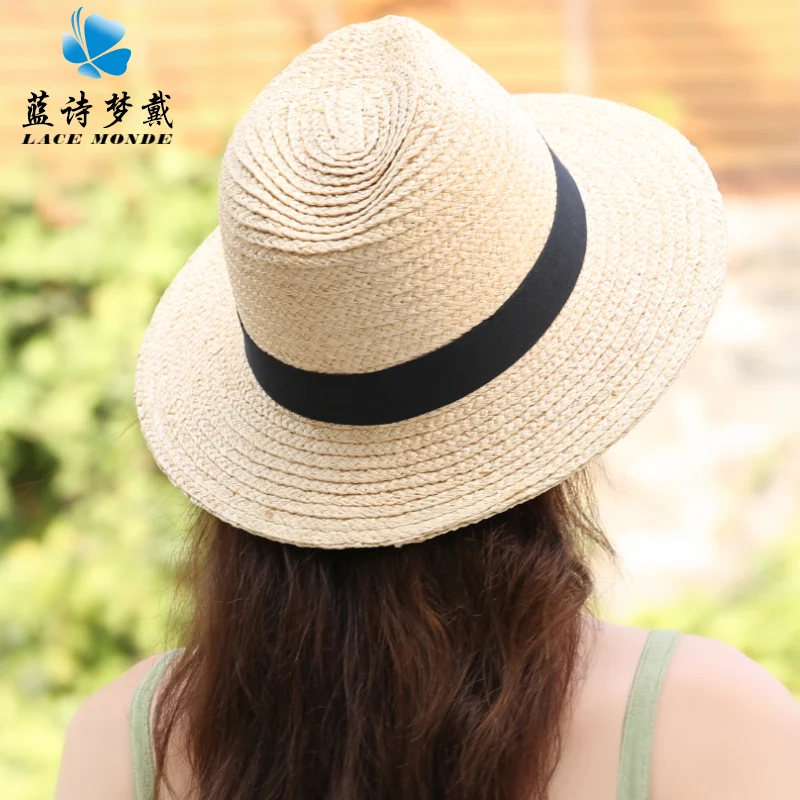  Raffia straw female summer sunscreen sun decoration Panama hat simple Japanese beach flat top sunshade