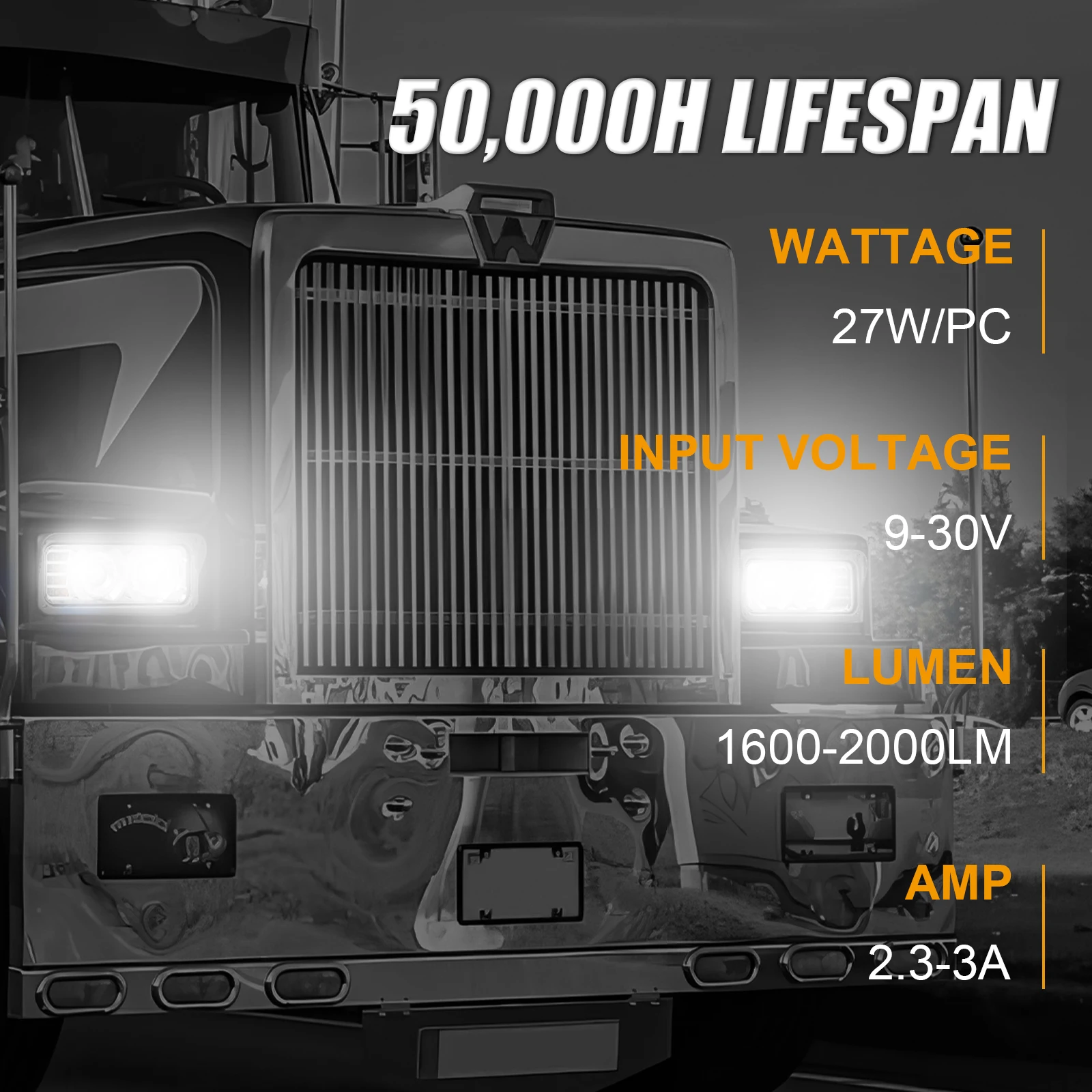 Chrome Plastic Dual Rectangular LED Headlight for Kenworth T600 T800 W900 Peterbilt 378 Trucks with Clear Lens faros de leds