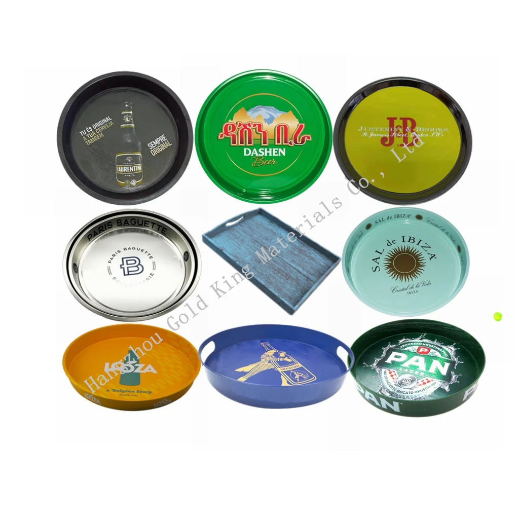 Wholesale Tin Serving Tray Round Anti-slip Bar Beer Decorative Custom Cheap Metal Plastic Wooden Bar Tray