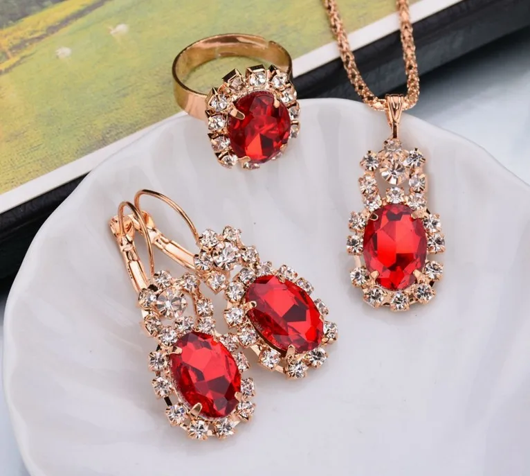 2022 Hot Sale Oval Gemstone Claw Chain Set Crystal Necklace Earring Ring Wholesale Three Piece Set