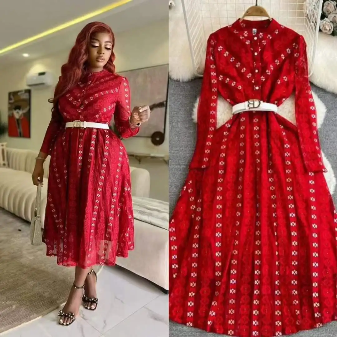 Newest  Autumn Season Casual Style  Single Breasted surface Beaded Fashion Guipure Lace Solid Color  Long Woman Dress