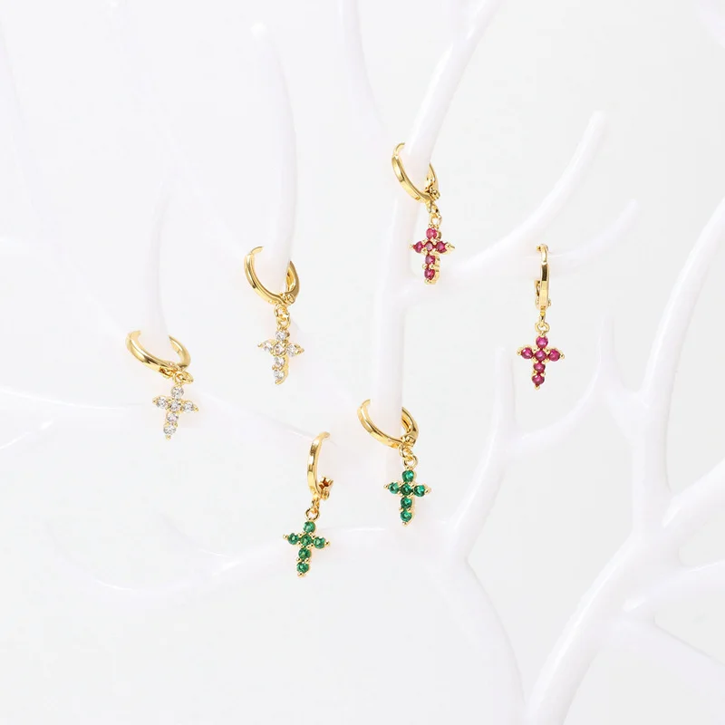 Wholesale price dangle drop cross earrings 18k gold plated huggies hoop women earrings jewelry