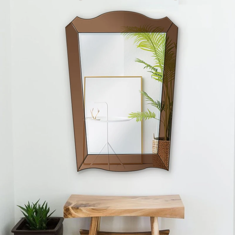 
2021 Bronze Plated Stainless Steel Framed Irregular Unique Hotel Bedroom Wall Dressing Mirror with Gold Glass Decoration 