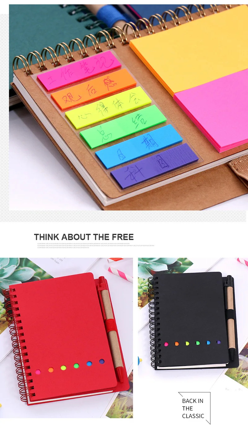 Logo Branding Printed Eco Friendly Thick Kraft Paper Cover Notebook Sticky Notes Notebook with Pen School Stationery
