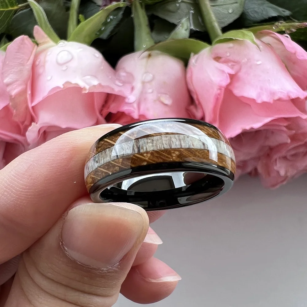 Coolstyle Jewelry 8mm Wholesale Domed Whisky Wood Deer Antler Inlay Engagement Wedding Band Black Tungsten Ring for Men Women