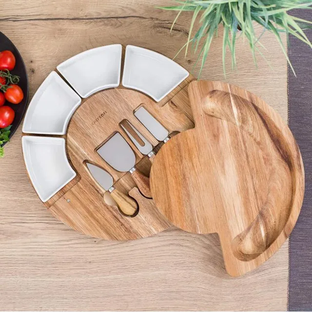 
Eco Friendly Wood round Cheese Board With Stainless Steel Knife set And Ceramic Bowls 