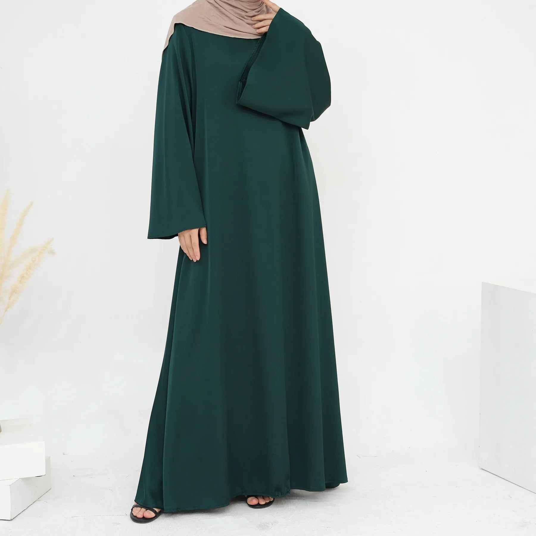 Muslim Turkish Elegant Abaya Dress Solid Color Tie Back Slim Wide Sleeves Dress For Women L288