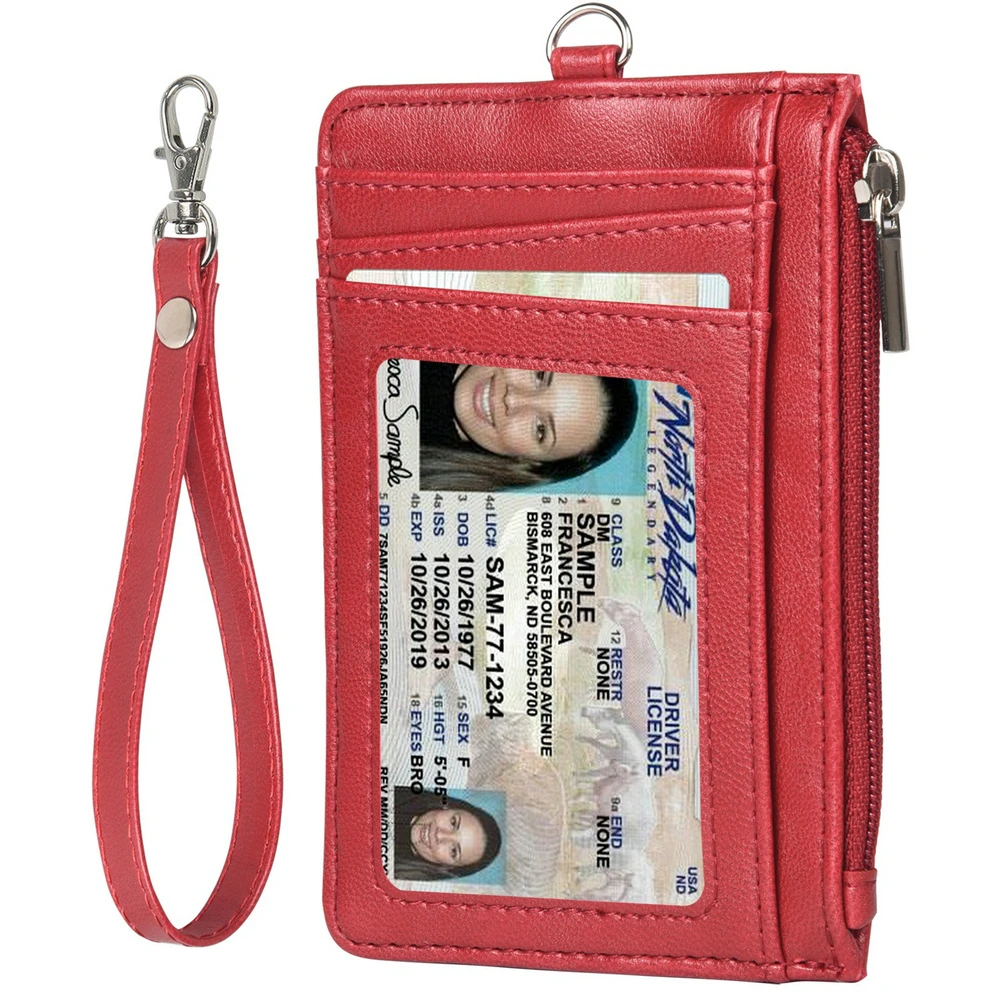 RFID PU Leather Credit Card Case Portable Multi Card Slots Zipper Wallet ID Badge Card Holder With Hand Strap