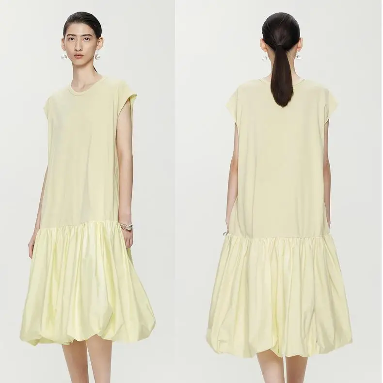 Custom Logo Summer Casual Sleeveless Dress Pleated Hemline Loose Elegant Solid Color Dress